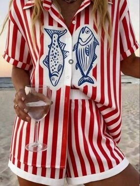 SHEIN Red and White Striped Fish Print Swim Coverup Set -shorts and top included